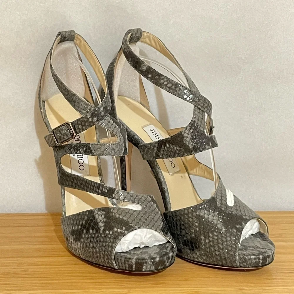 Jimmy Choo glitter animal print wrap around strappy ankle pump 38.5 120mm